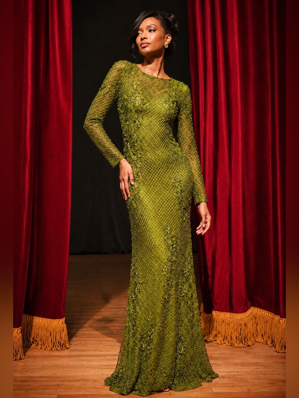 NWT Rare Olive Mac Duggal
5504 Hand Beaded Embellished Gown Size 12